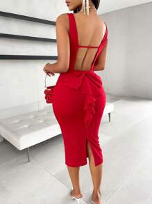 AIJ Vestido Bodycon Elegante com Decote Sexy Nas Costas, Laço Decorativo e Bainha com Fenda, Vermelho para Festa de Verão - Vermelho - Visão 2