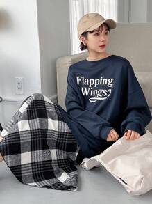 FRIFUL فستان بنمط مربعات ومطبوع عليه حروف، ملابس خريفية