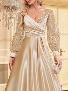 XUIBOL 串珠拼接缎面 V 领荷叶边下摆优雅正式晚礼服女士（大量装饰）长袖舞会婚礼宾客礼服，适合毕业典礼、晚宴 - 香檳色 - 查看 5