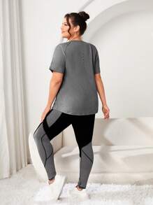 Rhythm Era Plus Size Women's Round Neck Raglan Sleeve T-Shirt & Color Block Leggings Sports Set Workout Women Sets - Multicolor - View 6