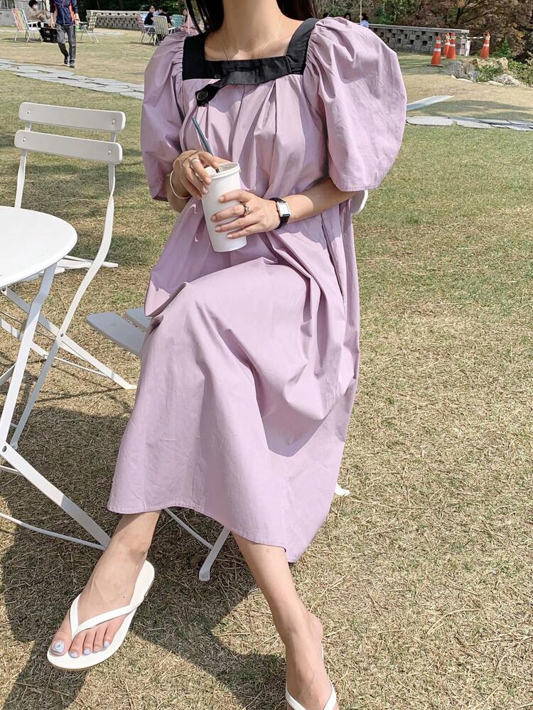 Women's Loose Fit Puff Sleeve Color Block Square Neckline Dress Sundress Maxi Dress