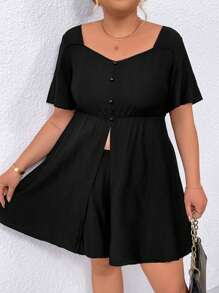 SHEIN Clasi Plus Size Women's Solid Color Sweetheart Neckline Split Hem Top And Shorts Set - Black - View 1