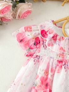 Baby Girls' Sweet Floral Print Ruffle Hem Short Sleeve Dress - Pink - View 6