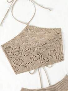 SHEIN Swim 女式單色中空針織遮陽衣套裝 - 駝色 - 查看 7