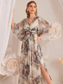 Women's Elegant Floral Print Ruched Waist Dress, Spring/Summer - Multicolor - View 4