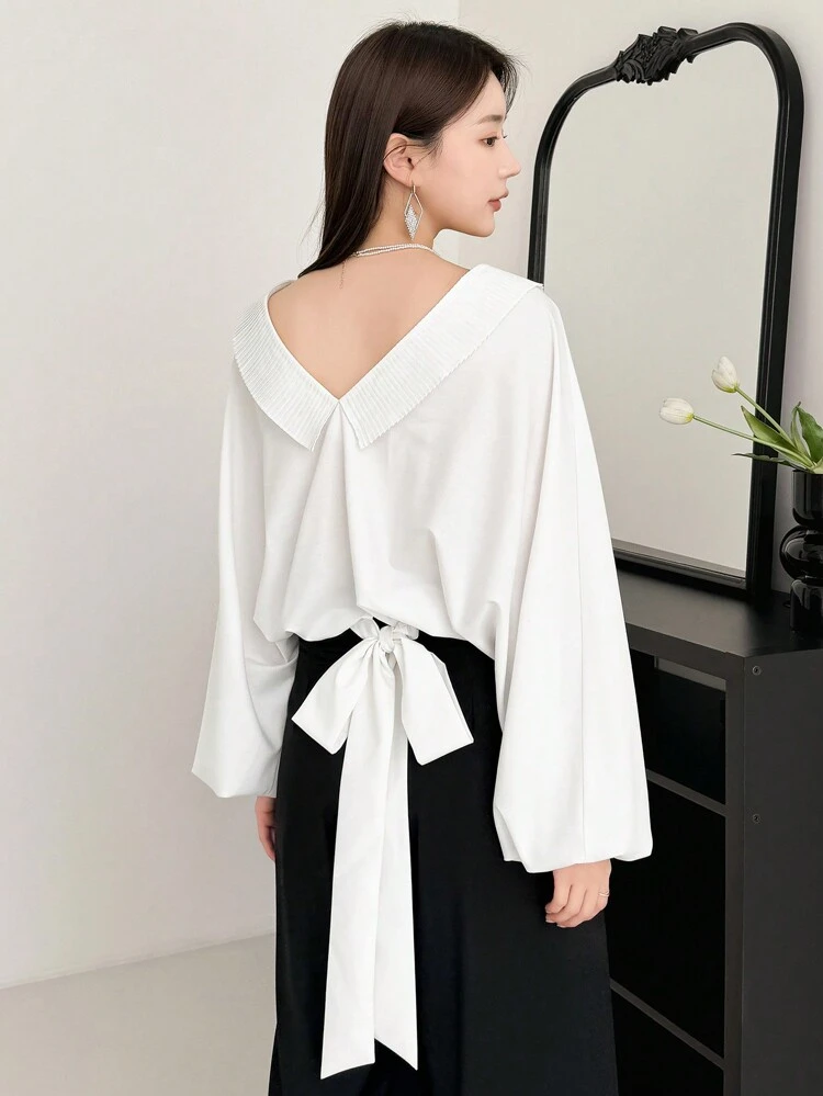 Back Bow Tie Detail Batwing Sleeve Blouse With Ruffle Hem,Fall Clothes Long Sleeve Top