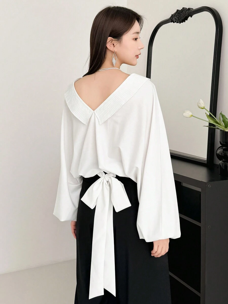 DAZY Back Bow Tie Detail Batwing Sleeve Blouse With Ruffle Hem,Fall Clothes Long Sleeve Top - White - View 1