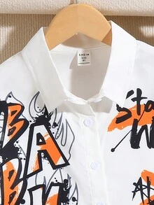 SHEIN 帶有字母印花的青少年涼爽街風短袖鈕扣衫 - 白色 - 查看 4