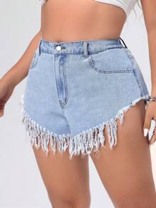 SHEIN ICON Pantalones Cortos De Mezclilla De Talla Grande Con Dobladillo Deshilachado Y Bolsillos Diagonales - Azul - Ver 1