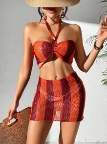 SHEIN Swim 夏季两件套镂空拼色露背罩衫，带裙子 - 彩色 - 查看 3