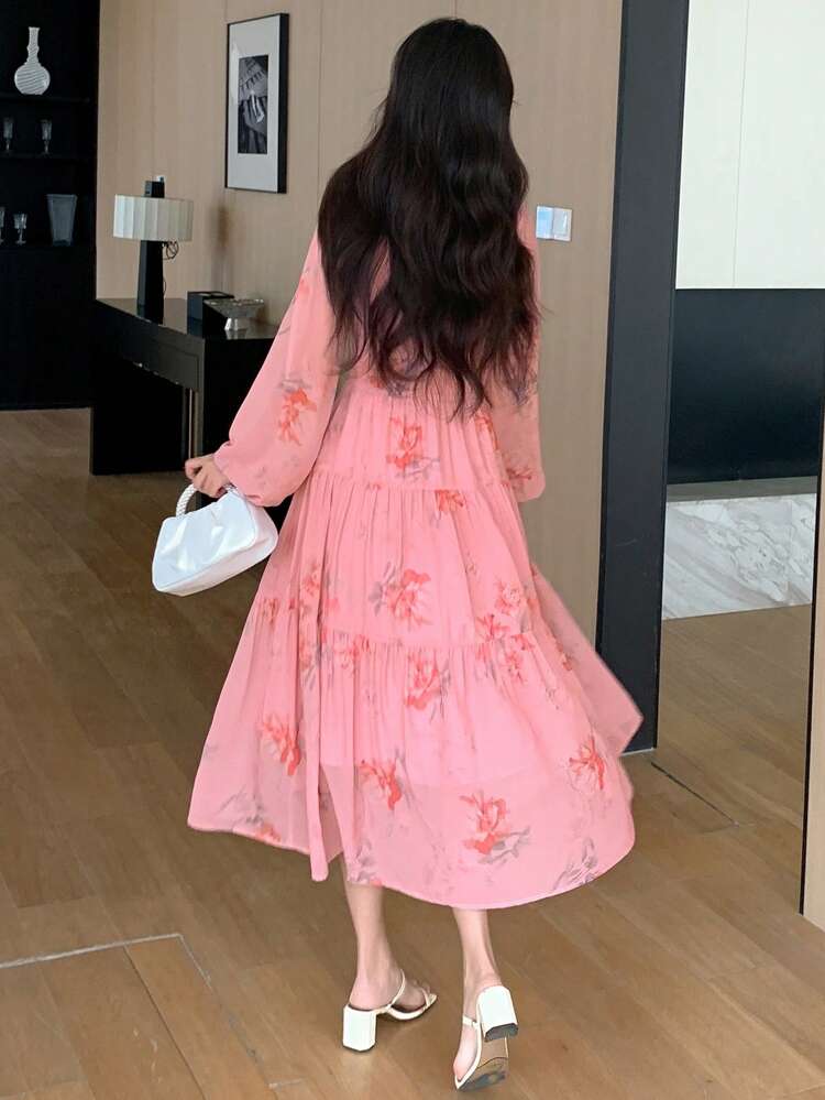 Women's Floral Printed Pleated Long Sleeve V-Neck Dress, Ruffle, Fall Dress Easter Dress