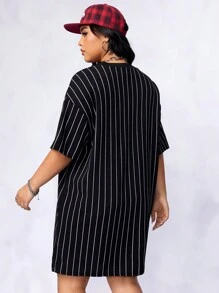 SHEIN EZwear Váy thun hở vai họa tiết sọc và chữ cho mùa hè - màu đen - Xem 2