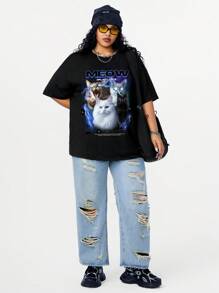 SHEIN Coolane Plus Size Casual Cat Slogan Print Crew Neck Short Sleeve Loose Fit T-Shirt For Women, Summer - Black - View 4