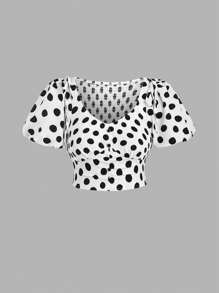 SHEIN Unity Của phụ nữ Chấm bi In Ống tay áo Áo sơ mi - Đen và trắng - Xem 1