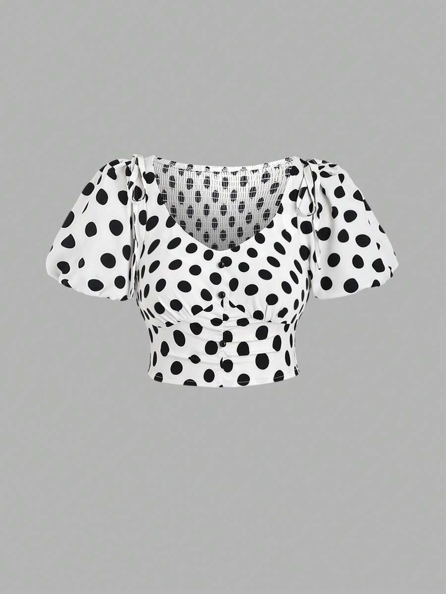 SHEIN Unity Của phụ nữ Chấm bi In Ống tay áo Áo sơ mi - Đen và trắng - Xem 1