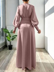 EURMUSE Long Length Evening Dress Made Of Satin With Shiny Stones Accessories In Belt - Dusty Pink - View 2