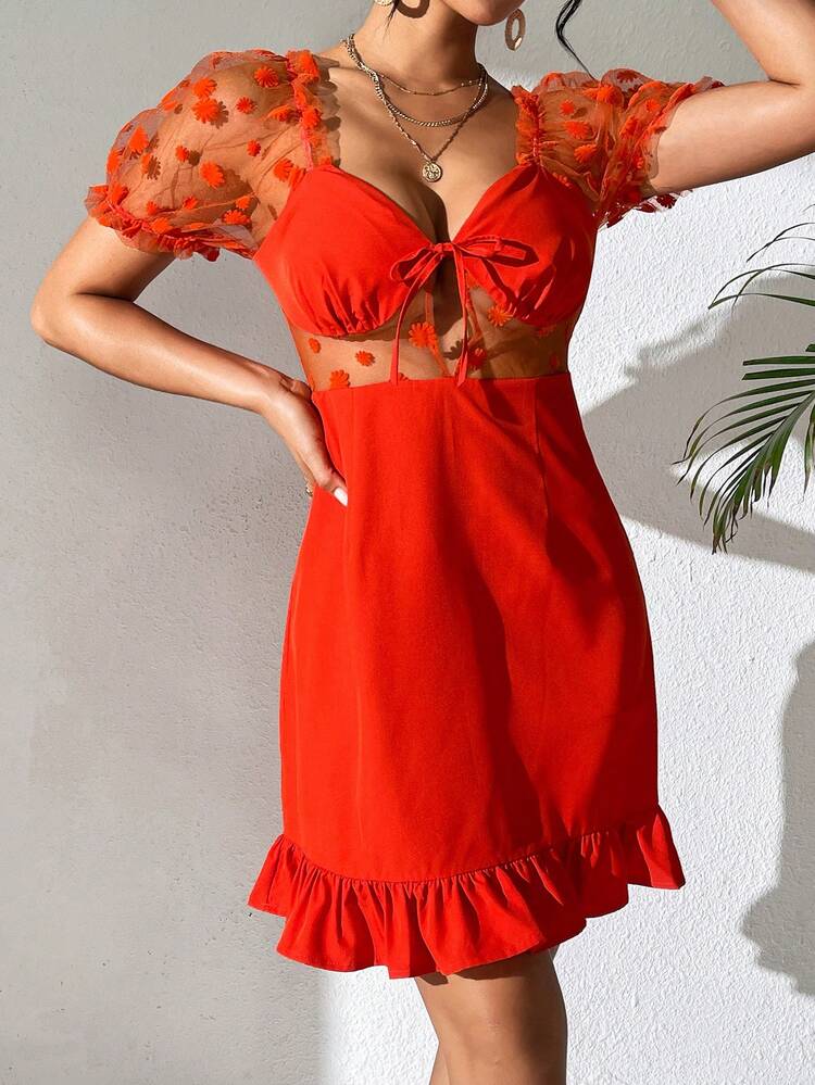 Women's Floral Mesh Splice Sweetheart-Collar Puff Sleeve Dress