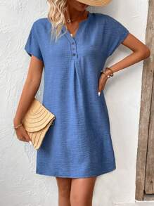 EMERY ROSE Solid Color Notched Collar Batwing Sleeve Dress - Blue - View 6