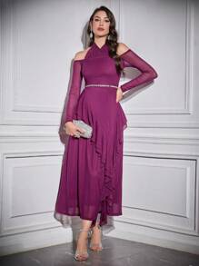 Modelyn Solid Color Halterneck Ruffle Trim Dress With Decorative Border - Rose Red - View 6
