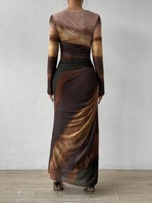 Chiquease Đầm lưới bó sát xếp ly nhuộm loang Maxi dành cho nữ - Màu Khaki - Xem 2