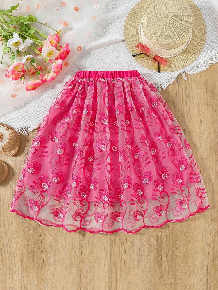 Young Girl Pink Holiday Style Embroidered Skirt