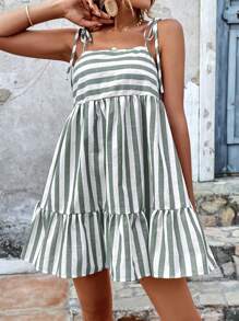 SHEIN VCAY Women's Striped Ruffle Hem Spaghetti Strap Dress - Green - View 6