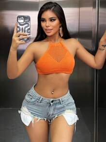 Zolique Màu thuần Quần skinny Xu hướng: Cắt giảm Dệt kim Áo - trái cam - Xem 3