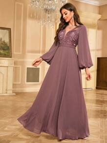 Women's Glitter Patchwork Lantern Sleeve Elegant Party Dress Wedding Guest Dress Formal Dress Evening Dress,Gown - 藕粉色 - 查看 5