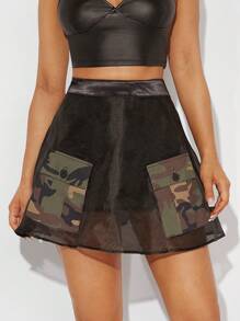 Hauture Camo Flap Pocket Organza Flare Skirt
