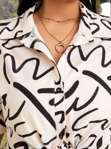 SHEIN LUNE Bộ áo sơ mi tay ngắn họa tiết Brushstroke cỡ lớn và quần dài hai mảnh cho nữ - Màu be - Xem 6