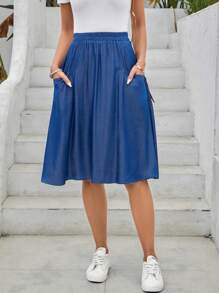 EMERY ROSE 蓝色牛仔效果口袋细节A字裙夏季半身裙牛仔效果半身裙 - 藍色 - 查看 1