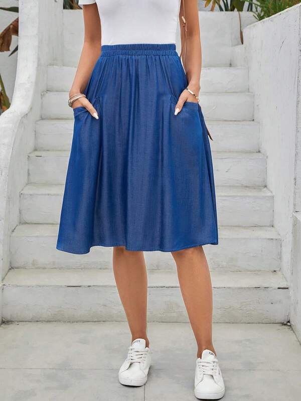 EMERY ROSE Blue Denim Effect Pocket Detail A-Line Skirt Summer Skirt Denim Effect Skirt