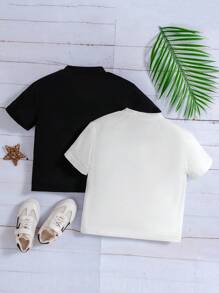 SHEIN 2 Stücke Set für Kleine Jungen, lässiges Basic-Strick-Kurzarm-T-Shirt und modisches Sport-Stehkragen-Shirt für den Sommer, Oberteil für Kinder > Einfarbige Baby-Kleine Jungen-Sets, einfarbige T-Shirts für Kurzurlaub, Urlaub, Reisen, Entspannen, Sonnenbaden, Sommer