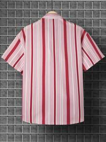 Manfinity Homme Men's Plus Size Striped Button Up Short Sleeve Shirt - Pink - View 2
