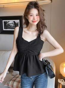 DAZY 女士褶饰荷叶边下摆吊带背心，娃娃装上衣 - 黑色 - 查看 4