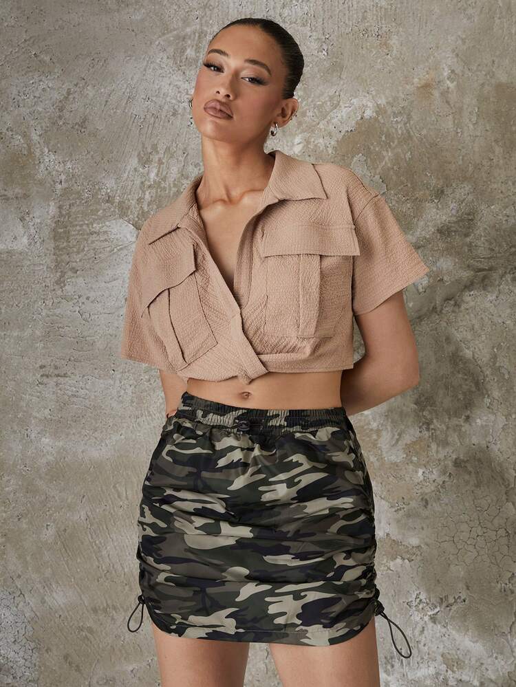 Solid Button Front Crop Shirt