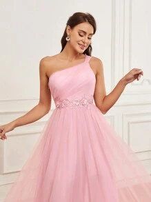 SHEIN Belle Women's Baby Pink Mesh Three-Dimensional Flower One-Shoulder High Waist A-Line High Slit Extra Long Tail Elegant Formal Prom Spring Wedding Dress - Baby Pink - View 1