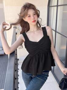 DAZY 女士褶饰荷叶边下摆吊带背心，娃娃装上衣 - 黑色 - 查看 3