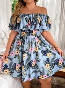 SHEIN Holidaya 大码波西米亚风热带印花露肩连衣裙，适合夏季 - 藍色 - 查看 7