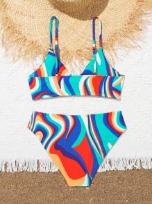 2 piezas/Set Bikini de verano para adolescente con parte superior con tirantes de espagueti de varios colores ajustables y retorcidos adelante y Bottom de bikini de varios colores, conjunto de bikini de verano, conjuntos a juego madre e hija (se venden 2 sets por separado) Playa de verano