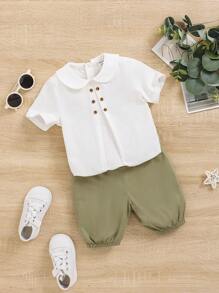 SHEIN Leap Crew Baby Boy Peter Pan Collar Decorative Button Sweatshirt And Solid Color Shorts Set - Mint Green - View 9