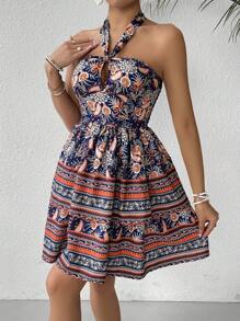 Chiquease Women's Short Sleeve Shirred Mini Dress For Vacation With Plant Print - Multicolor - View 1