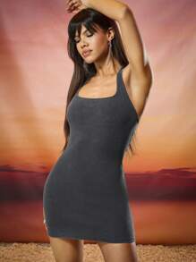 SHEIN BAE 纯色复古做旧雪花褪色挂脖紧身连衣裙春夏针织镂空无袖女装适合校园季节、日常穿着、休闲和街头装 - 黑色 - 查看 2