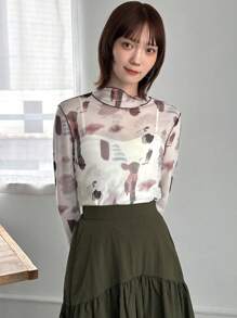 FRIFUL Ladies' Tie Dye Sheer Mesh Top Long Sleeve Women Tops,Fall Women Clothes Easter - Red - View 3