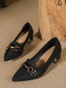 时尚玛丽珍粗跟女鞋，尖头设计，金属搭扣，优雅女鞋，高跟鞋，优雅 - 黑色 - 查看 3