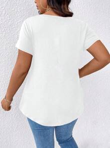 Linhara Plus Size Women's Solid Color V-Neck Short Sleeve T-Shirt - White - View 2