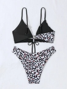 SHEIN Swim Summer Women's Patterned Spliced Halter Bikini Set With Printed Tie Side Bottoms(Random) - Multicolor - View 2