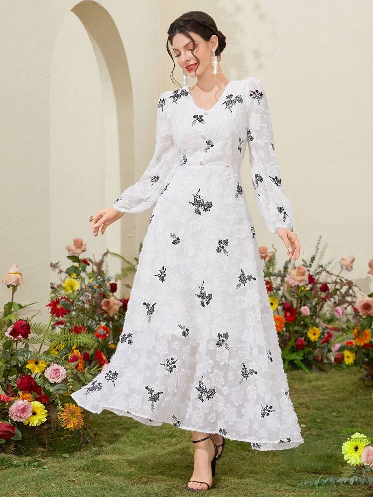 shein dress long sleeve Modelyn Women's Lantern Sleeve Floral Patterned Dress