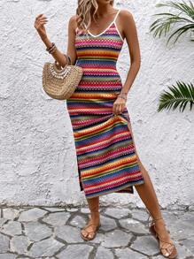 Breezaya Vestido Estilo Cami De Rayas Con Bloques De Color Y Abertura En El Muslo, Para Playa En Verano - Multicolor - Ver 1