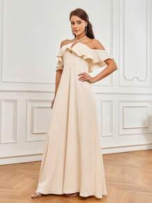 SHEIN Belle Women's Romantic Elegant Apricot Skin-Friendly Woven Fabric Suspender Belt Off-Shoulder Neckline With Ruffles A-Line Bridesmaid Dress - Apricot - View 7